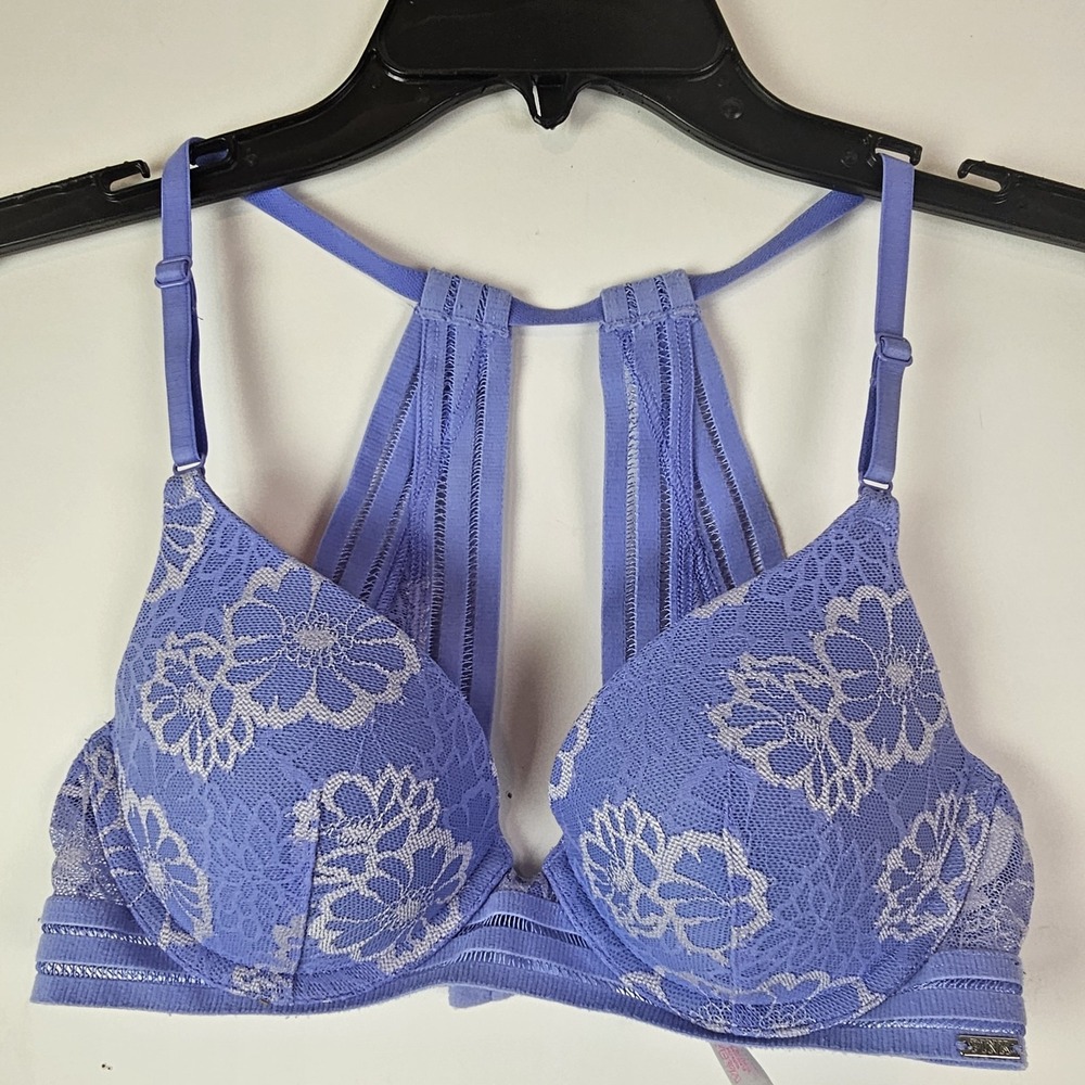 PINK Victoria's Secret Purple 32C Lightly Lined Bra Floral Lace Racerback